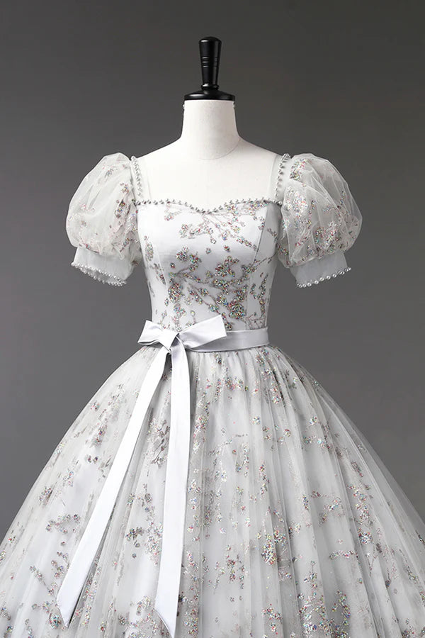 Wholesale Gray Tulle Sequins Long Prom Dress A-Line Evening Party Dress